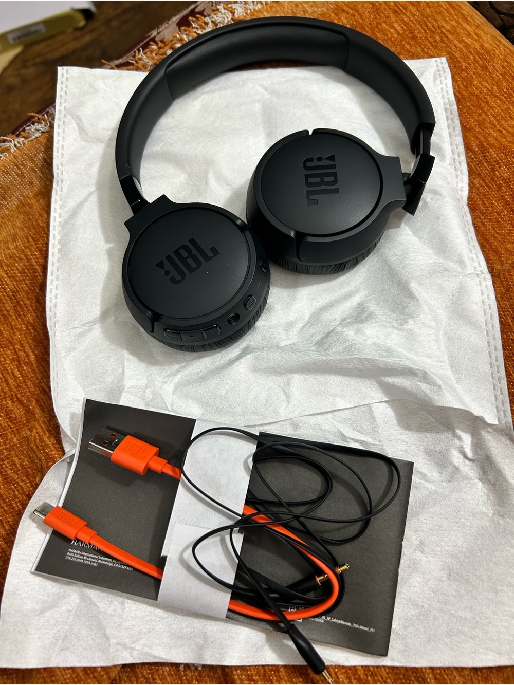 JBL Black Wireless Foldable Headphones with Orange Charging Cable